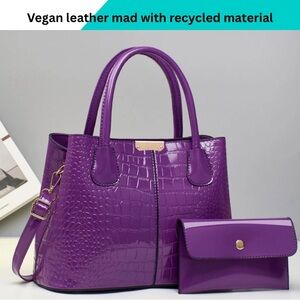 Purple Vegan Leather Handbag and Clutch Set cruelty free